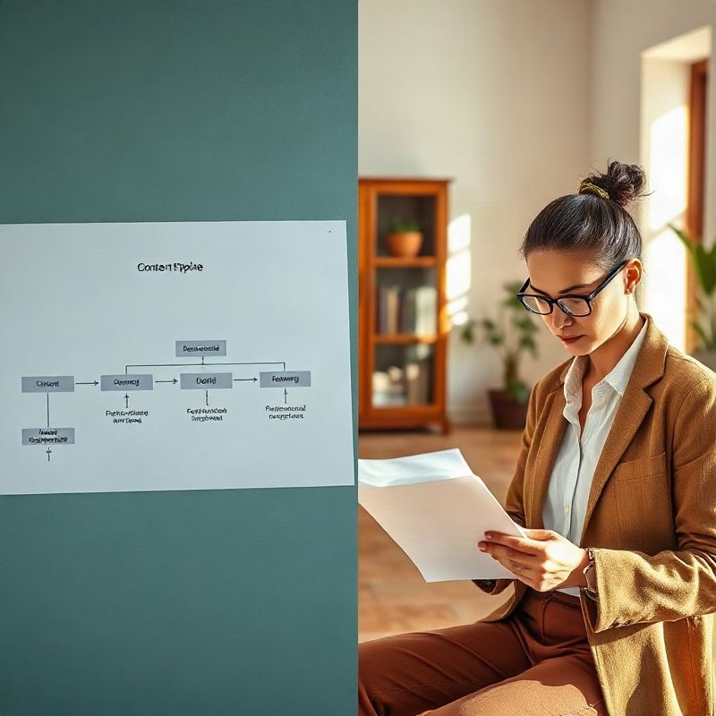 Diagrama de pipeline editorial junto a un profesional revisando documentos