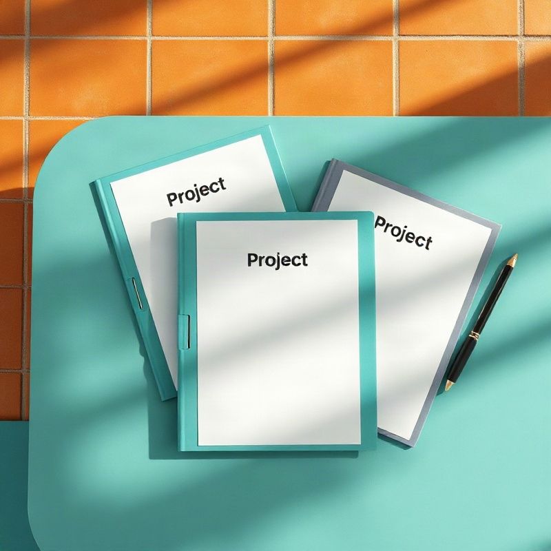 Tres carpetas de proyecto etiquetadas sobre un escritorio con acentos teal